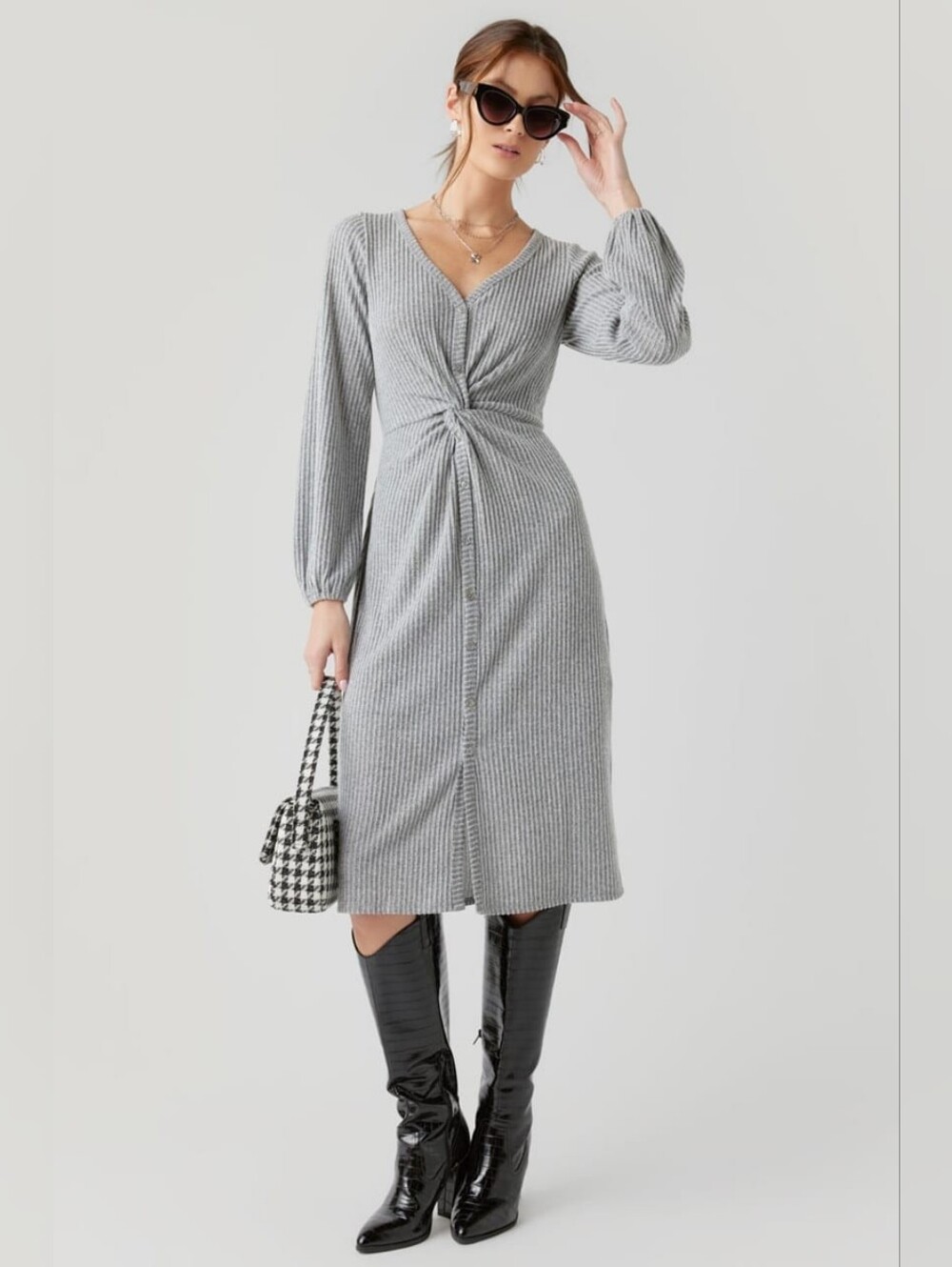 Anthropologie Eri + Ali Twist Front Midi Dress Gray Waffle Knit Long Sleeve Sz S